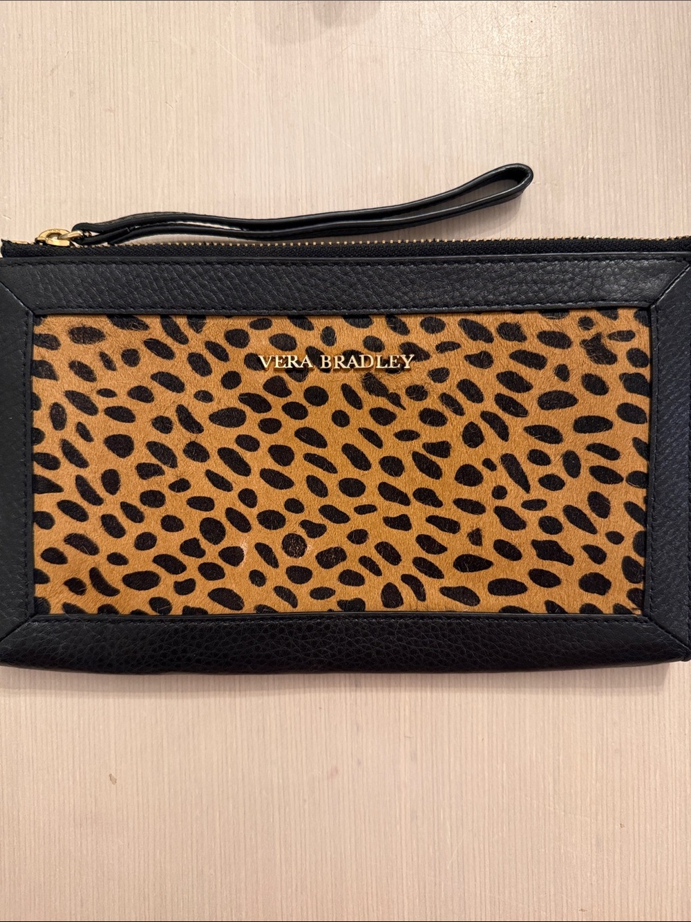 Vera Bradley Black Tan Leopard Print Wristlet Pouch Leather Animal Zip Fall Cat